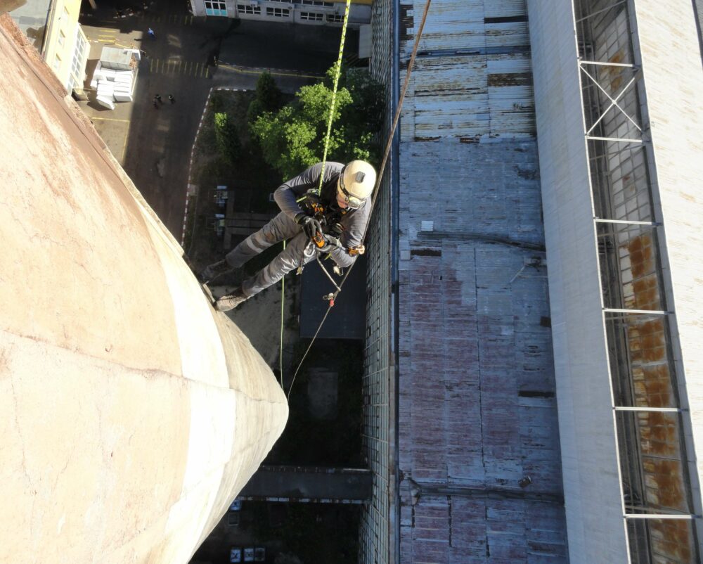 Inspection, rope, concrete chimney, Romania